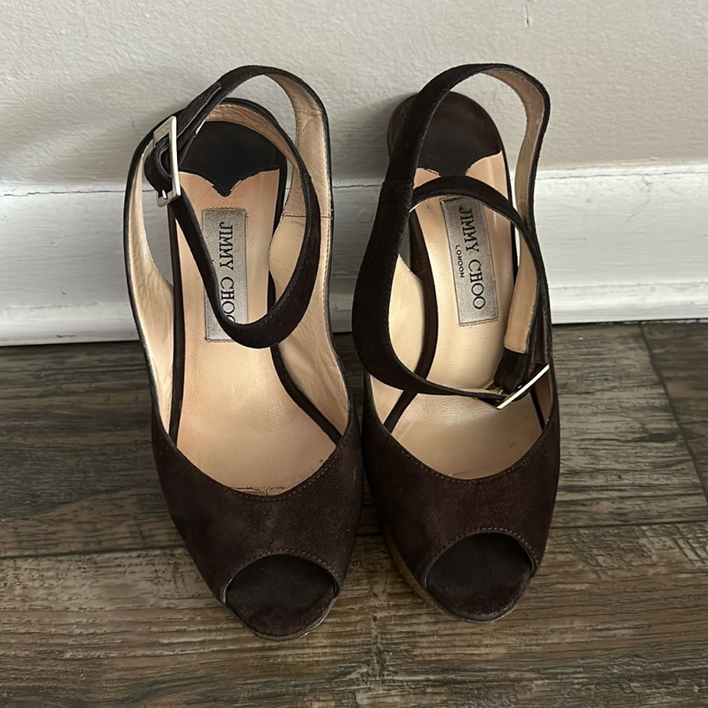 JIMMY CHOO BROWN SUEDE PLATFORM SZ 6.5